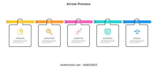 Flowchart with 5 colorful arrows and square elements. Concept of five successive stages of business strategy. Minimal infographic design template. Flat vector illustration for presentation, banner.