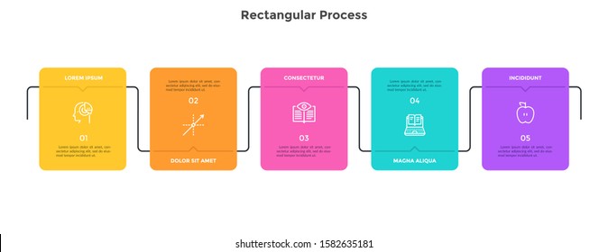 Flowchart with 5 colorful connected rectangular elements. Concept of five steps of development business strategy. Simple infographic design template. Flat modern vector illustration for progress bar.