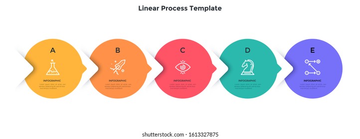 Flowchart with 5 round elements placed in horizontal row and connected by pointers. Concept of five stages of business project. Flat infographic design template. Modern simple vector illustration.