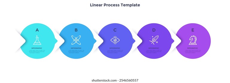 Flowchart with 5 round elements placed in horizontal row and connected by pointers. Concept of five stages of business project. Flat infographic design template. Modern simple vector illustration.