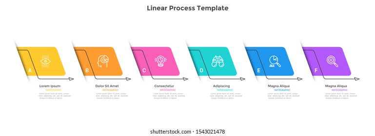 Flowchart with 6 inclined elements placed in horizontal row and connected by arrows. Concept of six stages of business development. Minimal infographic design template. Flat vector illustration.