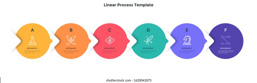 Flowchart with 6 round elements placed in horizontal row and connected by pointers. Concept of six stages of business project. Flat infographic design template. Modern simple vector illustration.