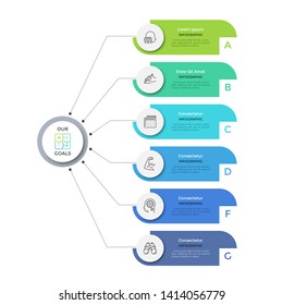 Flowchart with 6 round paper white elements connected to main circle. Concept of six main business goals of company. Modern infographic design layout. Flat vector illustration for brochure, report.