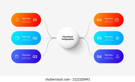Flowchart with 6 rounded elements connected to the central circle by thin lines. Concept of six stages of business project. Modern infographic design template.