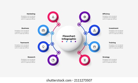 Flowchart with 8 small circles connected to main circle. Concept of eight main business steps. Creative infographic presentation.