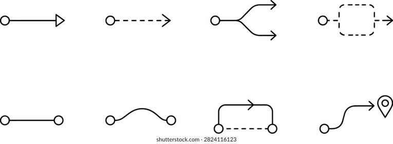 Flowchart arrow icon set with black line circles and directional paths for process diagrams