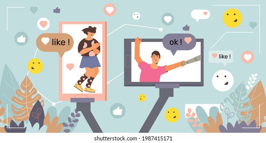 Un chico y una chica de un diagrama de flores toman selfies y las publican en el blog ilustraciones de vector plana