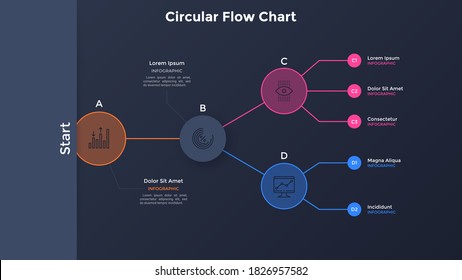Flowchart with connected colorful round elements. Concept of workflow process or algorithm visualization. Modern infographic design template. Simple flat vector illustration for presentation, banner.