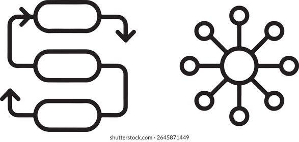 Flowchart Diagram with Arrows and Network Connection Hub Graphic Depicting Connectivity and Workflow Process with Multiple Steps and Branching