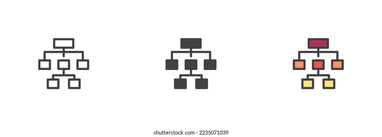 Flowchart diagram different style icon set. Line, glyph and filled outline colorful version, infographics scheme outline and filled vector sign. Symbol, logo illustration. Vector graphics