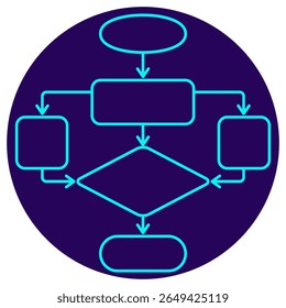 Ícone de fluxograma do diagrama. Pictograma vetorial com linhas finas sobre um fundo circular azul escuro. Representa fluxo de trabalho, árvore decisória, diagrama de processo ou estrutura algorítmica