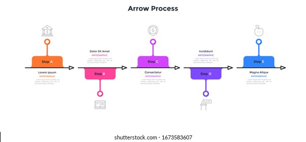 Flowchart with five arrows placed in horizontal row. Concept of 5 successive steps of business development process. Simple infographic design template. Modern vector illustration for presentation.