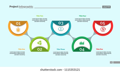 Flowchart with five circles. Flow diagram, plan, development. Management concept. Can be used for web design, annual reports, business projects