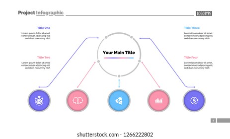 Flowchart with five elements slide template. Business data. Option, infochart, design. Creative concept for infographic, presentation, report. For topics like management, education, business idea