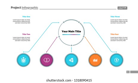 Flowchart with five elements slide template. Business data. Option, infochart, design. Creative concept for infographic, presentation, report. For topics like management, education, business idea