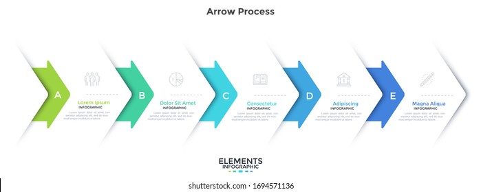 Flowchart with five overlaying paper white arrows placed in horizontal row. Concept of 5 steps of business project development process. Simple infographic design template. Flat vector illustration.