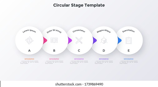 Flowchart with five overlaying paper white elements with pointers placed in horizontal row. Concept of 5 stages of business strategy. Simple infographic design template. Modern vector illustration.