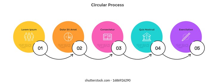 Flowchart with five round elements placed in horizontal row and connected by arrows. Concept of 5 steps of work process. Simple infographic design template. Flat vector illustration for presentation.