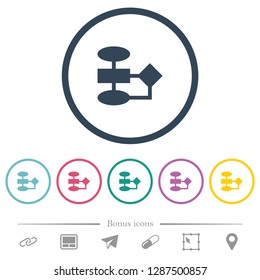Flowchart flat color icons in round outlines. 6 bonus icons included.