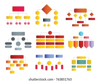 Flowchart flat schemes and hierarchy diagrams set. Workflow chart vector elements. Chart structure hierarchy infographic vector illustration isolated on white background