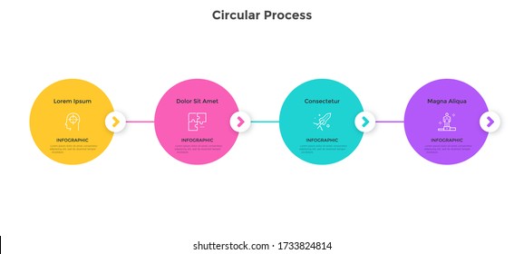 Flowchart With Four Colorful Circular Elements Placed In Horizontal Row And Connected. Concept Of 4 Stages To Startup Company Launch. Simple Infographic Design Template. Modern Vector Illustration.