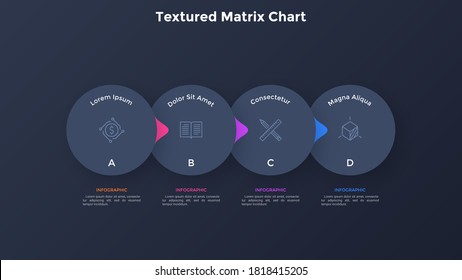 Flowchart with four overlaying paper black elements with pointers placed in horizontal row. Concept of 4 stages of business strategy. Simple infographic design template. Modern vector illustration.
