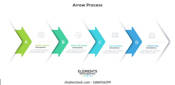 Flowchart with four overlaying paper white arrows placed in horizontal row. Concept of 4 steps of business project development process. Simple infographic design template. Flat vector illustration.