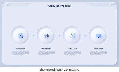 Flowchart with four paper white circles placed in horizontal row and connected by arrows. Concept of 4 steps of project development. Simple infographic design template. Neumorphic vector illustration.