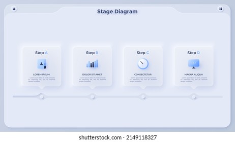 Flowchart with four paper white squares placed in horizontal row and connected. Concept of 4 stages of strategy development. Simple infographic design template. Modern neumorphic vector illustration.