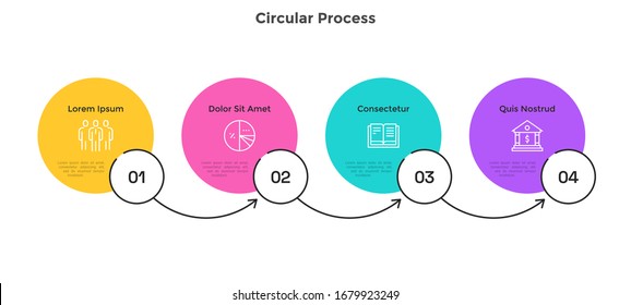 Flowchart with four round elements placed in horizontal row and connected by arrows. Concept of 4 steps of work process. Simple infographic design template. Flat vector illustration for presentation.