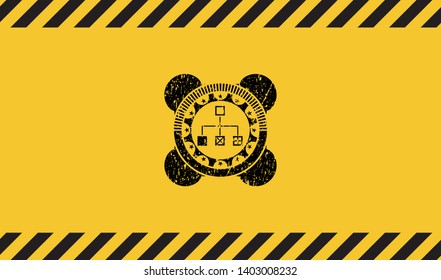 flowchart icon black grunge emblem with yellow background. Vector Illustration. Detailed.