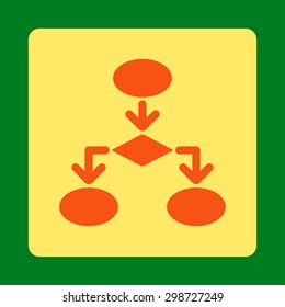 Flowchart icon from Commerce Buttons OverColor Set. Vector style is orange and yellow colors, flat square rounded button, green background.