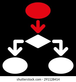 Flowchart icon from Commerce Set. Vector style: bicolor flat symbol, red and white colors, rounded angles, black background.