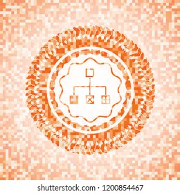 flowchart icon inside abstract emblem, orange mosaic background