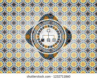 flowchart icon inside arabic emblem background. Arabesque decoration.