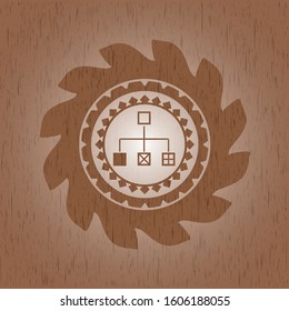 flowchart icon inside badge with wood background