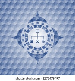 flowchart icon inside blue badge with geometric pattern background.