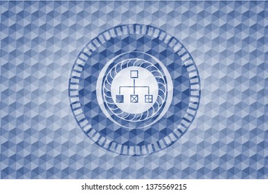 flowchart icon inside blue badge with geometric pattern background.
