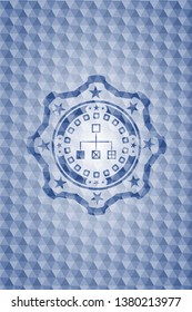 flowchart icon inside blue badge with geometric pattern.
