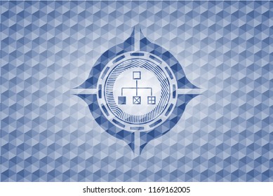 flowchart icon inside blue emblem or badge with geometric pattern background.