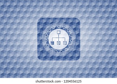 flowchart icon inside blue emblem with geometric background.