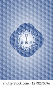 flowchart icon inside blue emblem with geometric background.