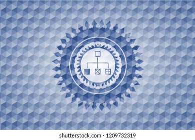 flowchart icon inside blue hexagon emblem.
