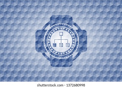 flowchart icon inside blue hexagon emblem.