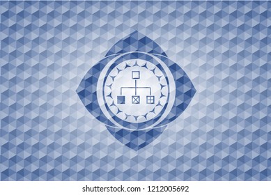 flowchart icon inside blue polygonal emblem.
