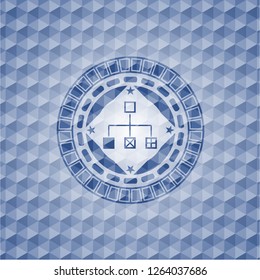 flowchart icon inside blue polygonal badge.