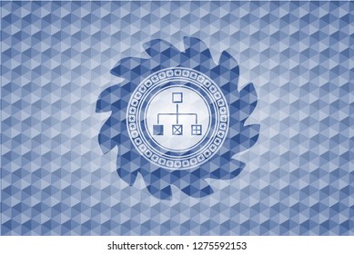 flowchart icon inside blue polygonal badge.