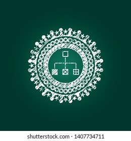 flowchart icon inside chalk emblem written on a blackboard