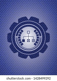 flowchart icon inside emblem with denim texture