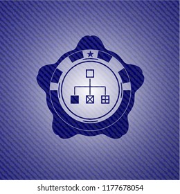 flowchart icon inside emblem with jean texture